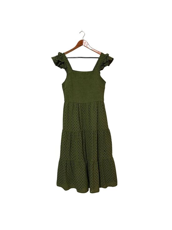 PrettyGarden Dresses & Skirts - PrettyGarden XL Green Eyelet Midi Dress With Ruffle Sleeves & Smocked Bodice